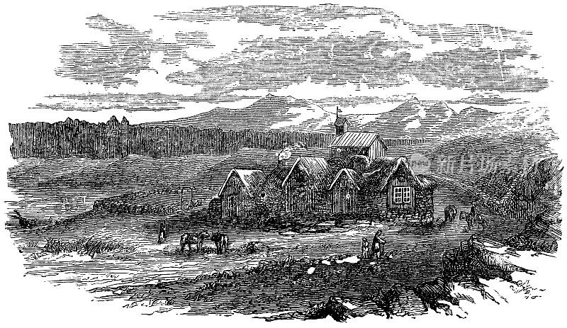 Thingvallakirkja Church and Thingvallab?r Houses at Thingvellir National Park in Iceland - 19th Century